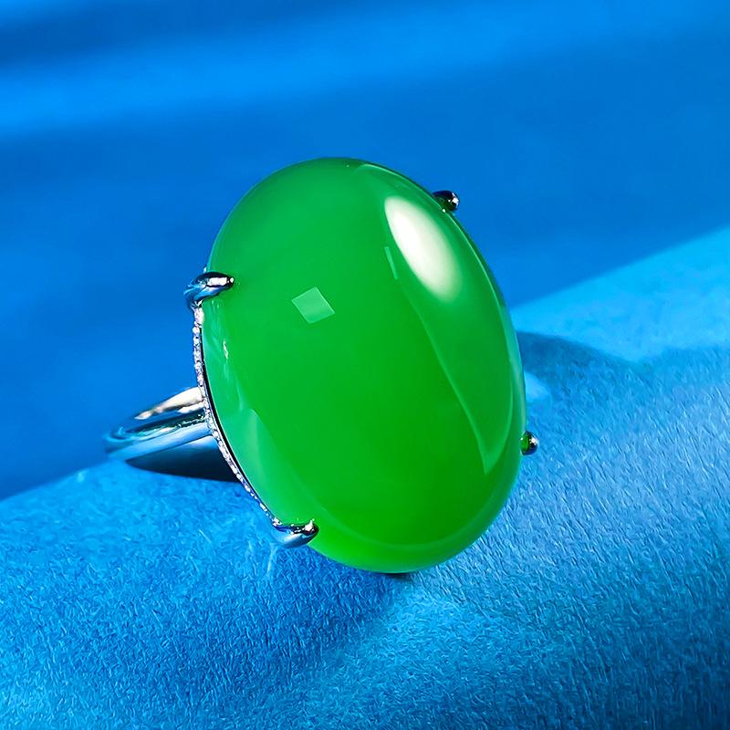 

Xiancan 925 Silver High Ice Green Chalcedony Large Cabochon Ring for Women Size 9
