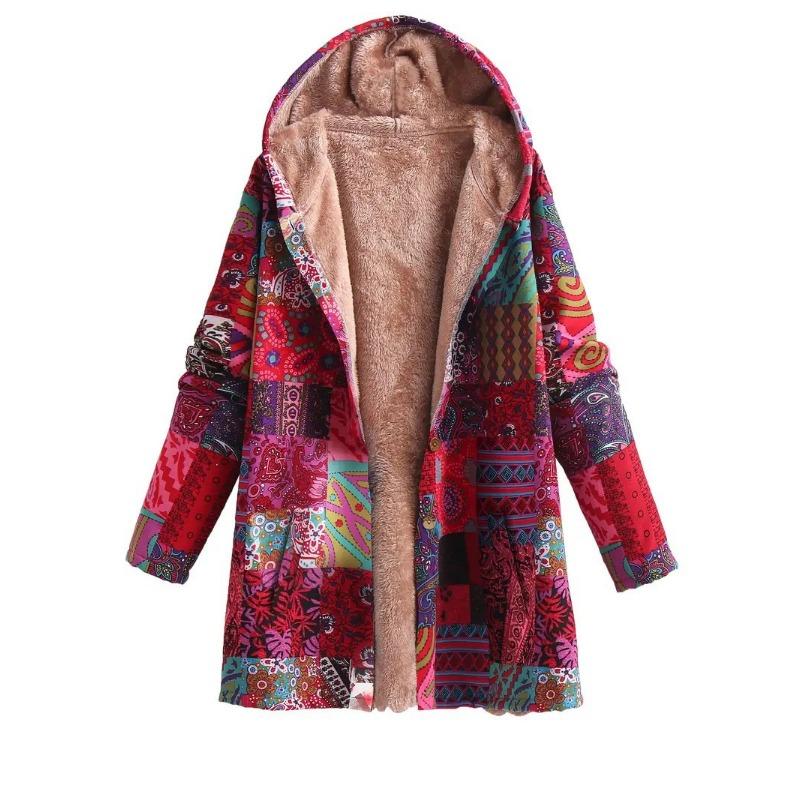 

Women s printed jacket new autumn and winter hooded jacket women s casual loose medium and long light long sleeves S красный