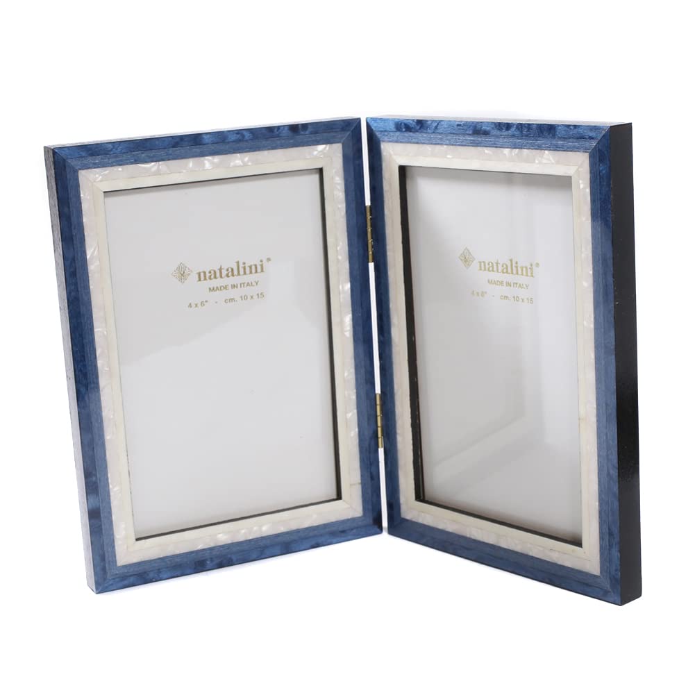 Natalini Klapp-Fotorahmen für 2 Fotos NATALINI Made in Italy Rahmen, Doppel, Fotos, Handgefertigt, Bergamo, Perlmutt/Blau, Holz,