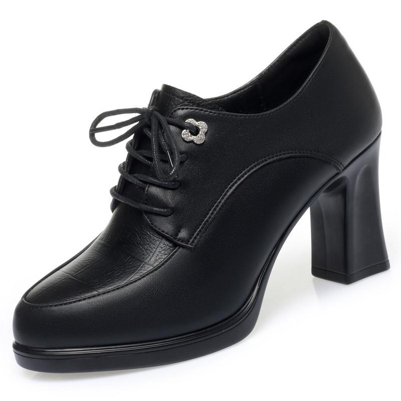 Spring Autumn Women's Pumps Fashion Deep Mouth Pumps Shoes Woman Genuine Leather Lace Up Single Shoes Mother High Heels Shoes