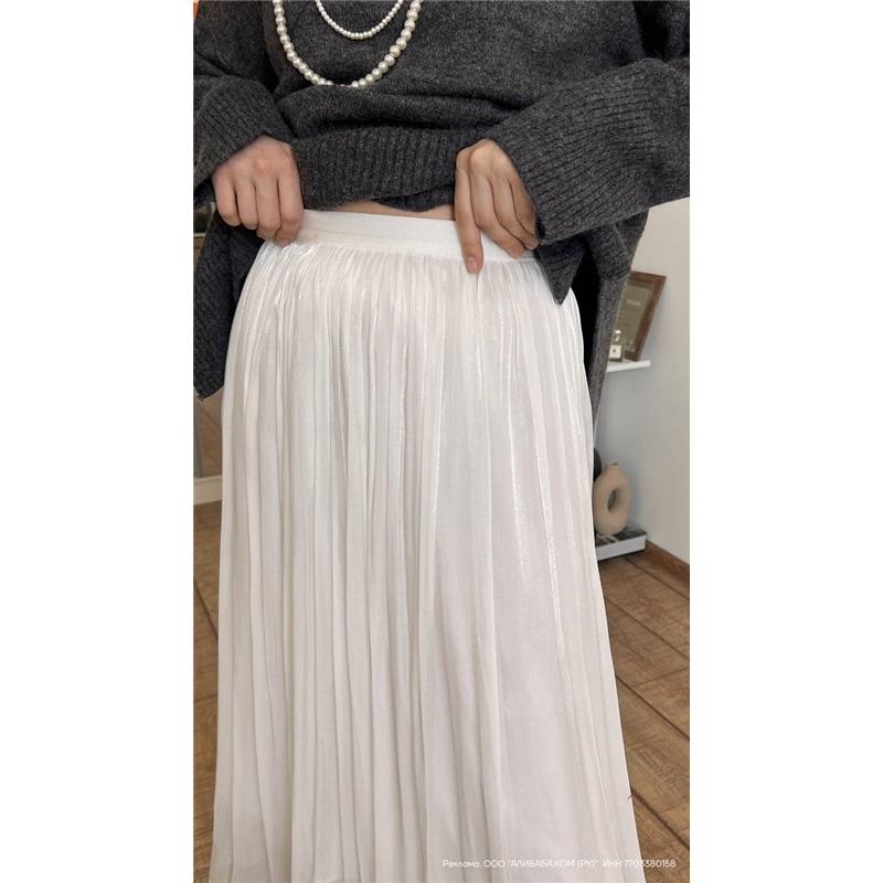 2025 Elegant Women's Midi Skirt French Style Pleated Long Skirt Versatile All Match Silky Shiny Fabric Perfect for Casual and Formal Occasions