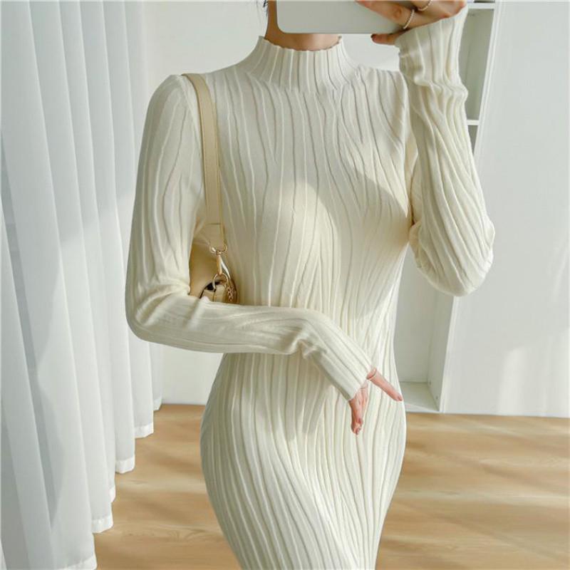 

Простое облегающее платье-свитер с полуводолазкой - трикотажное, длиной до щиколотки для женщин, идеально подходит для осени One Size абрикосовый