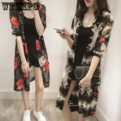 Sunscreen Clothes for Women's Summer Mid Length Thin Jacket with Loose Printed Oversized Chiffon Cardigan