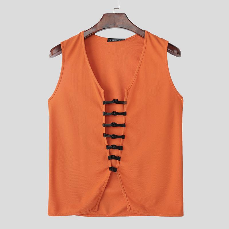

INCERUN Мужские Летние Майки с V-образным вырезом, без рукавов, с бандажной отделкой, с полым узором, нерегулярного кроя 5XL оранжевый