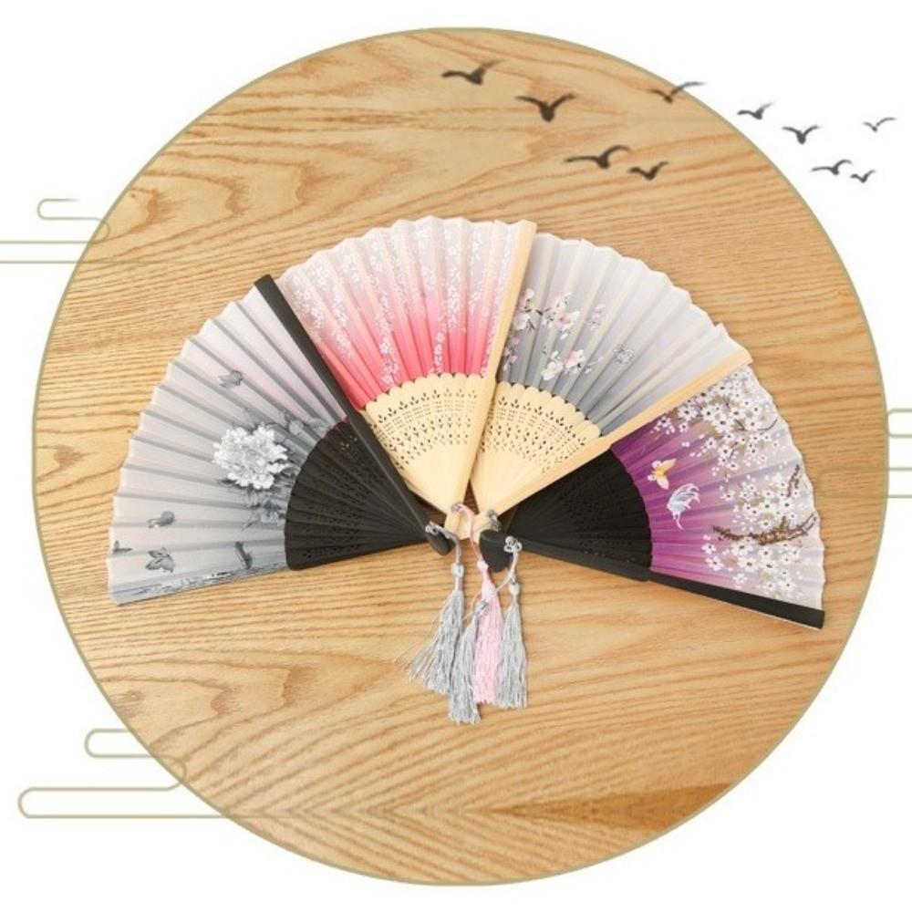 Faux Silk Material Wood Folding Fan Bamboo Frame Handheld Fan New Flower Bird Fan For Women