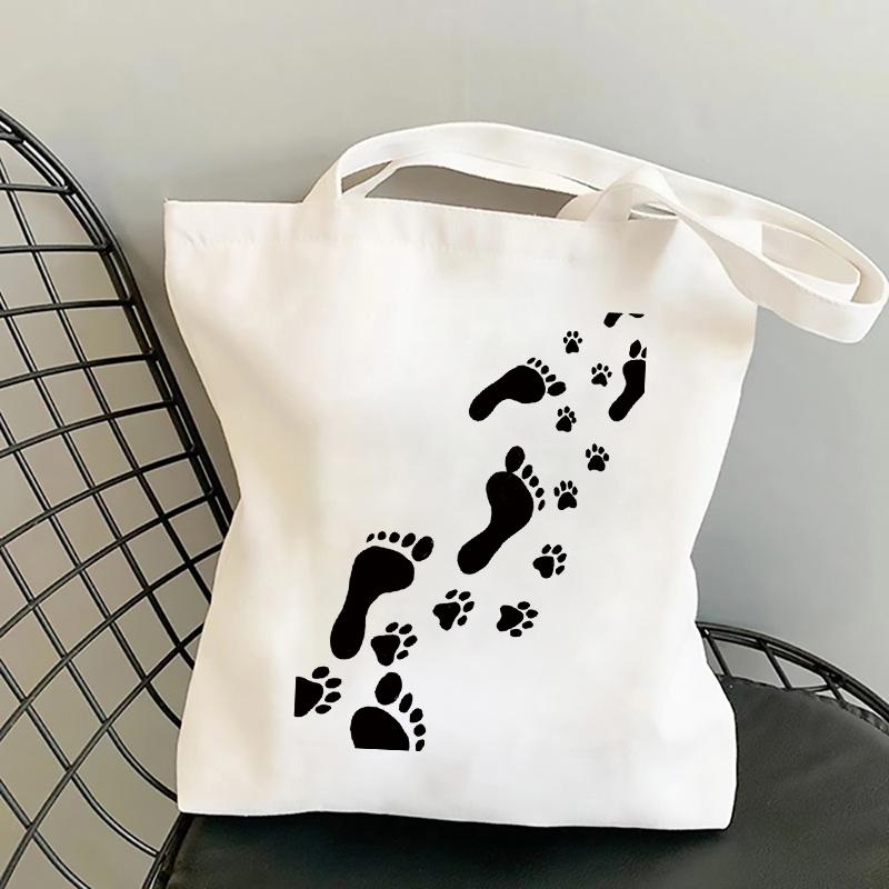 Lustige Hunde Pfote und Fußabdruck Canvas Tragetasche Damen Shopper Taschen Bedruckte Handtasche Geschenk für Frauen Einkaufstasche Strand Umhängetasche