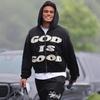 Unisex Streetwear Hoodie Mit Gesticktem God Is Good Beflocktem Druck Oversize Passform Langarm Schwarz