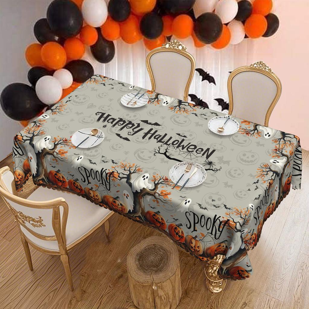 Halloween Themed Tablecloth, Round, Orange Pumpkin Ghost Bat Pattern, Halloween Party Table Cloth