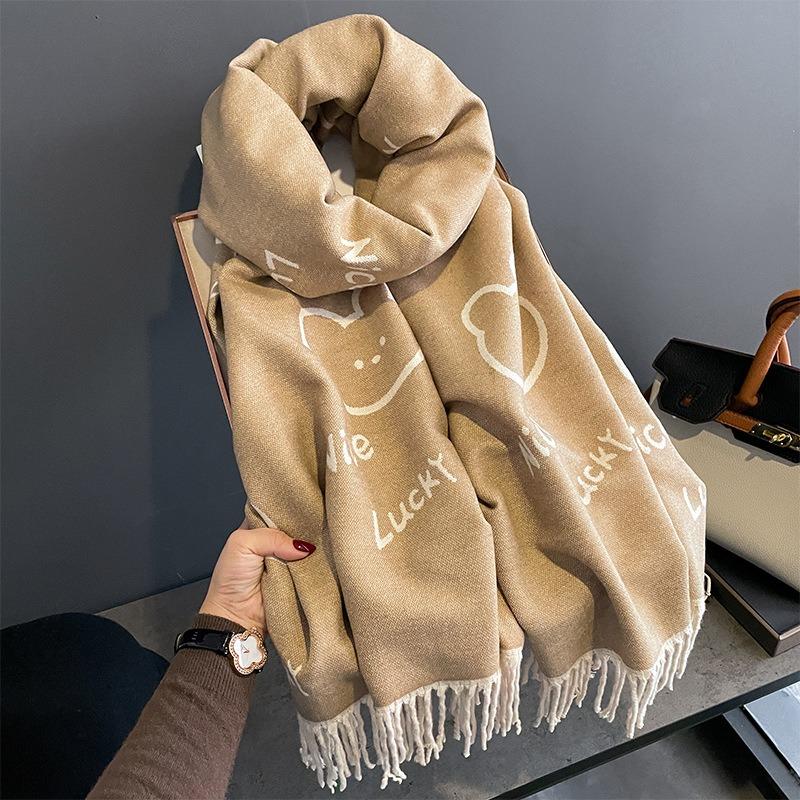 New bear head scarf cute print tassel fashionable B with retro autumn and winter warm shawl