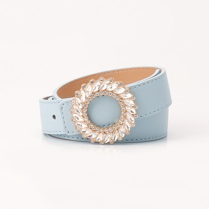 Womens Fashion Pu Leather Belt With Waterdiamond Round Buckle For Elegant Casual Wear