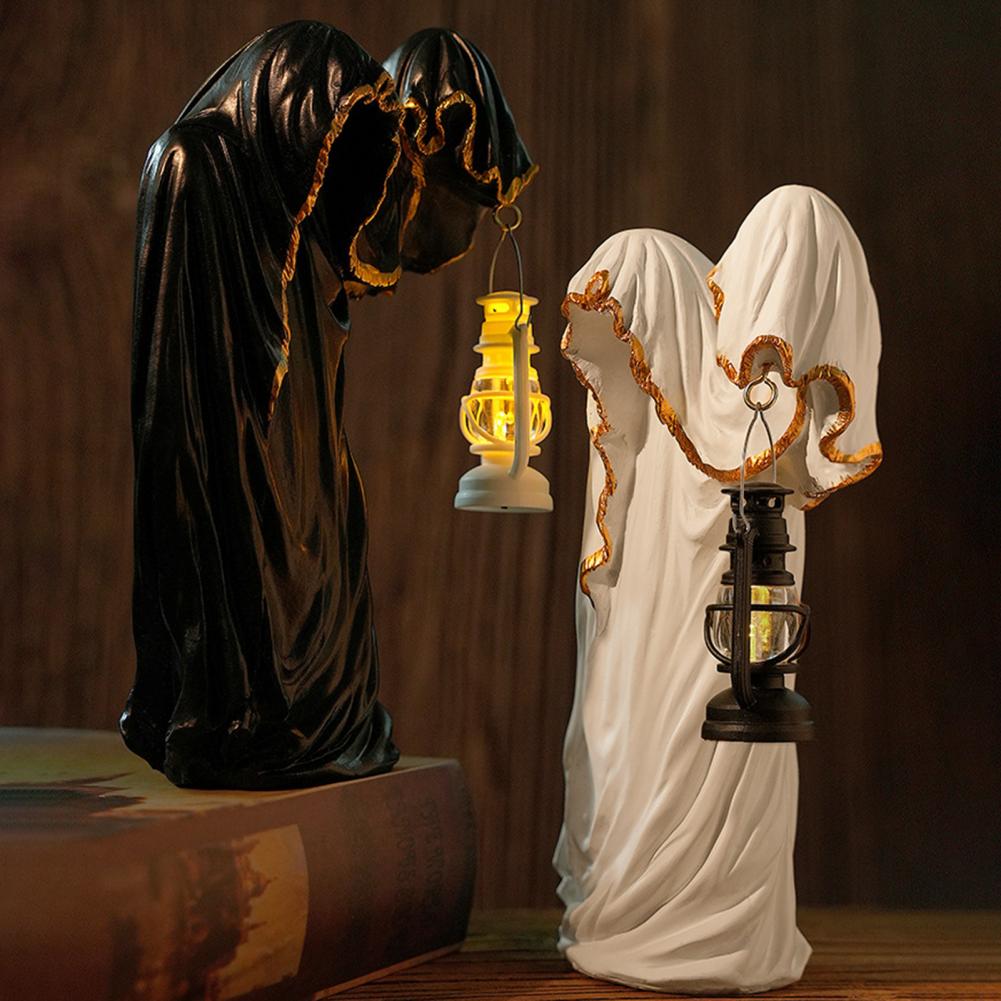 Ghost Ornament Desktop Ornament Vintage Ghost Figurine with Light-up Lantern for Halloween Decor Mysterious Resin for Indoor