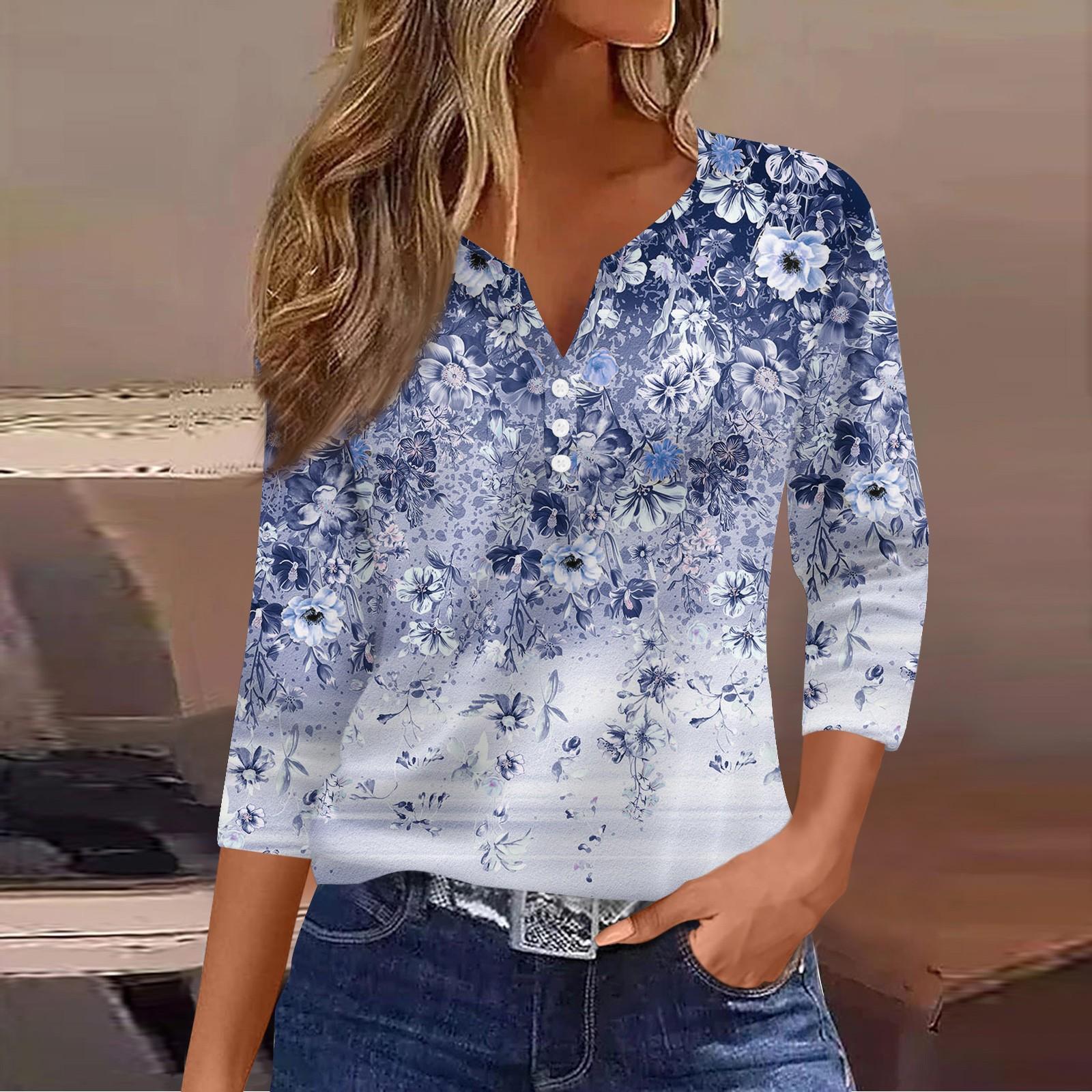 

Женский повседневный модный топ с V-образным вырезом, свободного кроя, универсальный, с цветочным принтом, рукав три четверти XL небесно-голубой