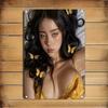 Metal Wall Art Gold Woman Portrait with Butterflies Elegant Face Black Hair Iron Poster for Home Cafe Bar 2D Durable Metal