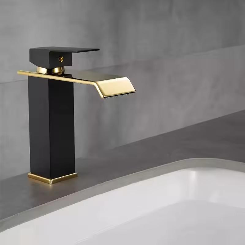 KAWAL Luxury Antique Design Basin Faucet Black Golden Waterfall Bathroom Mixer Modern Deck Mounted Basin Faucet
