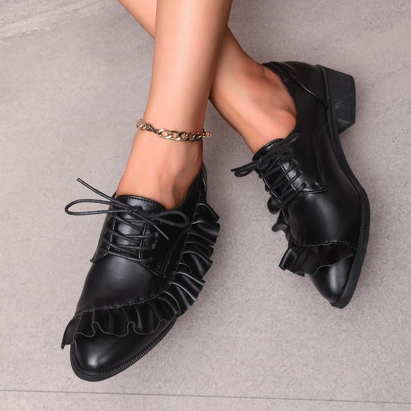 Fashion Women Ruffles Designer Lace Up Shoes Cowhide Genuine Leather Pumps Comfortable Low Cut Low Heels Shoes Party Footwear