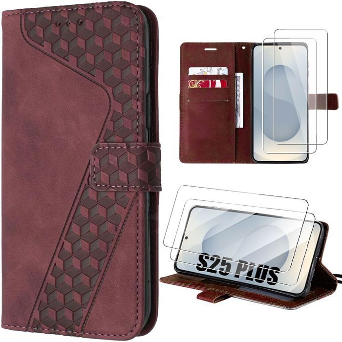 Protective Case - BOOLING - for Samsung Galaxy S25 Plus - PU Leather - Red - 2 Tempered Glass