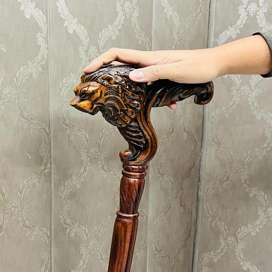 Handmade Lion Head Wooden Walking Stick: Royal Design Cane