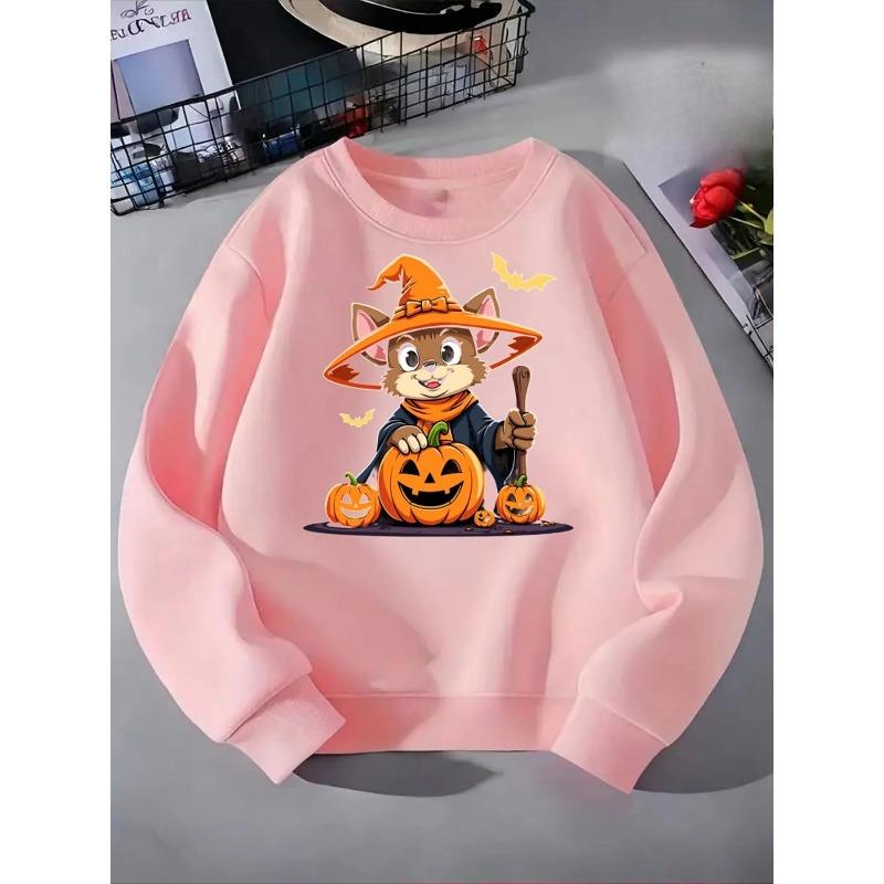 Kids Stylish Crewneck Sweatshirt, Adorable Feline Sorceress Halloween Pumpkin Print,Casual Sportswear for Spring & Autumn
