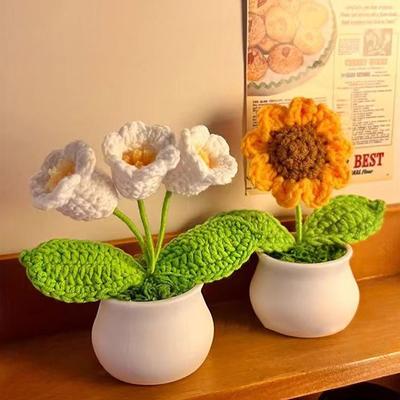 Gehäkelte Blumen Künstliche Sonnenblumen Topfpflanze Handgewebt Pflanze Hochzeitsgeschenk für Gäste Sonnenblumen Dekoration Raumdeko