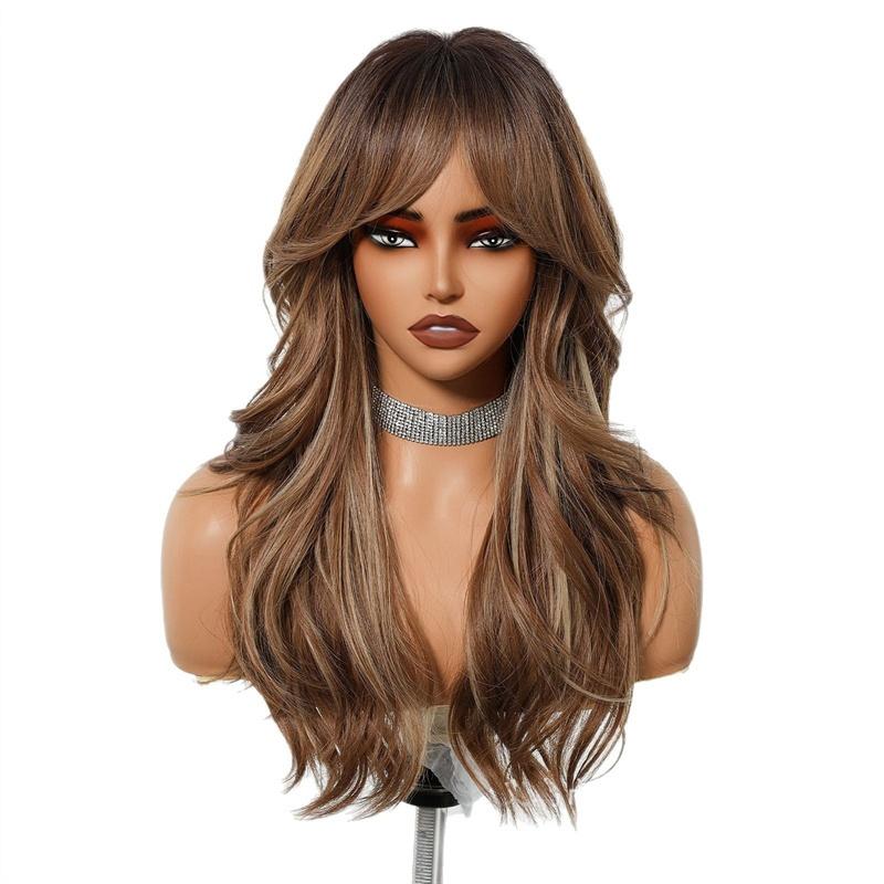 Perruque synthétique Mélange Brun Mèches Longue Cheveux Bouclés Perruque Vague Naturelle pour Femmes Dame Quotidien Fête d'Halloween Perruque Régulière