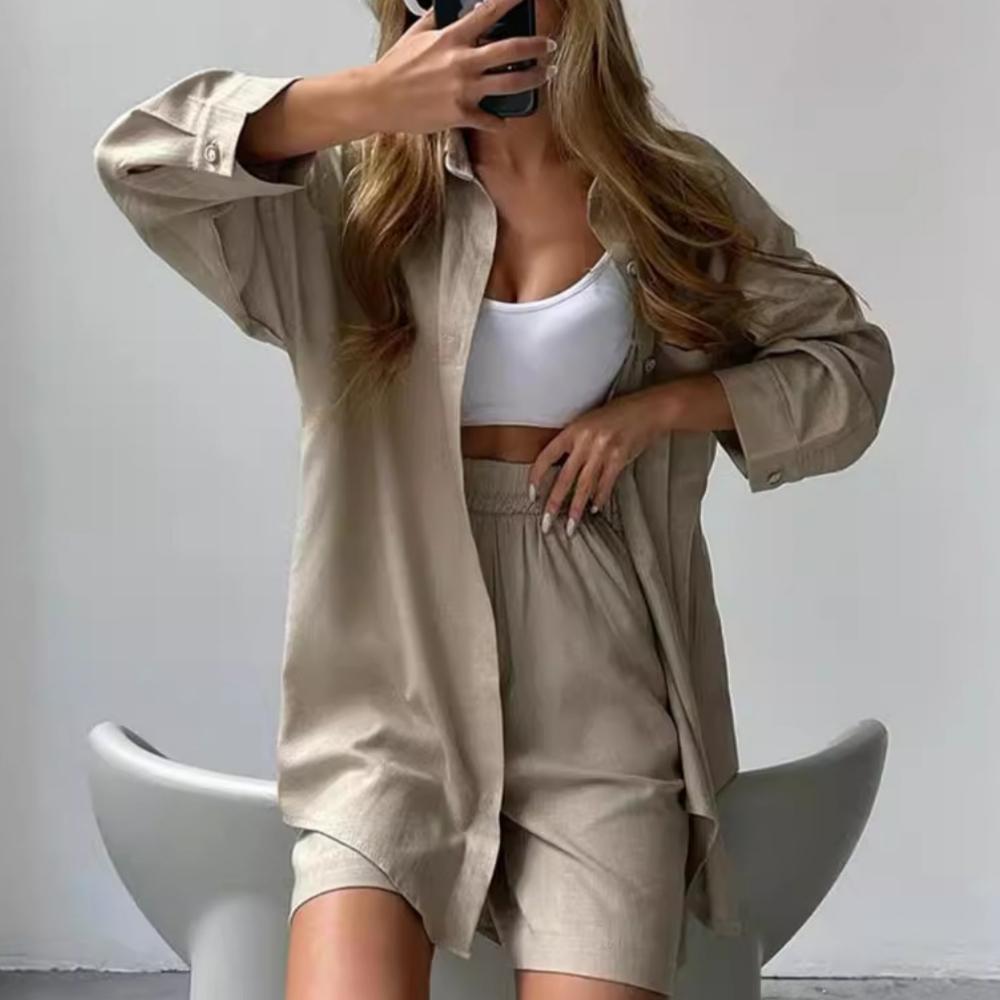 

GMXIA Весенняя однотонная однобортная рубашка с длинным рукавом и свободный, модный повседневный комплект шорт S