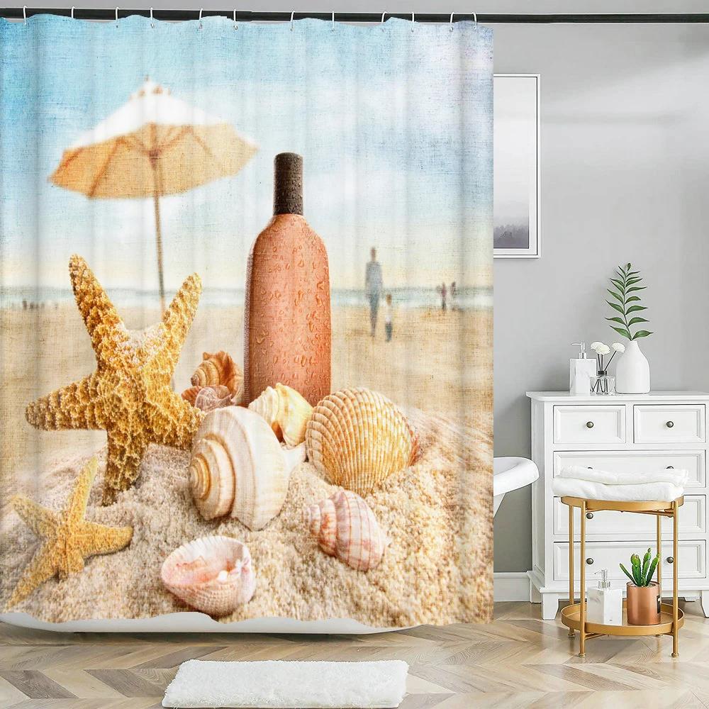 Seaside Scenic Beach Shells Shower Curtains Bathroom Curtain Frabic Waterproof Polyester Bath Curtains for Bathroom 180x180cm