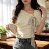 Dopamine Summer Fashion Short Sleeve T Shirt With Bow Tie And Asymmetric Pattern For Women