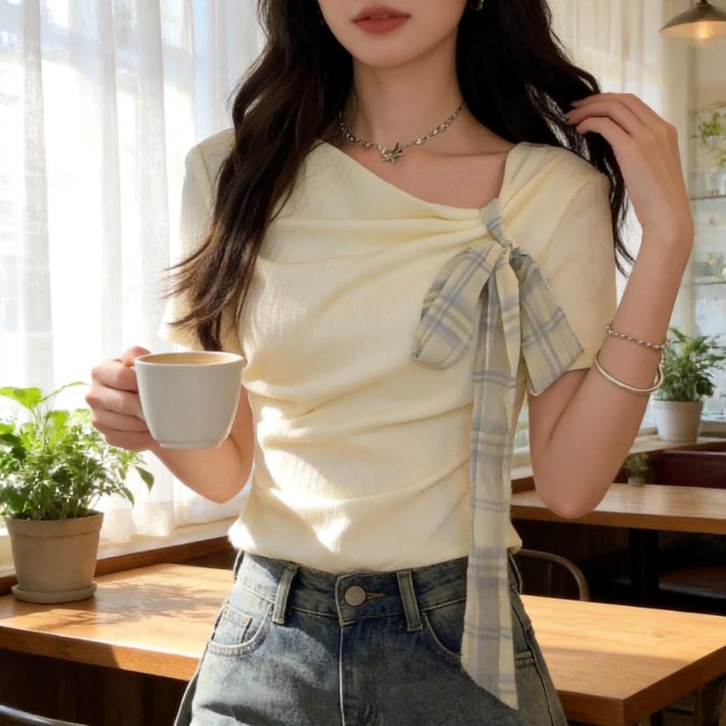 Dopamine Summer Fashion Short Sleeve T Shirt With Bow Tie And Asymmetric Pattern For Women