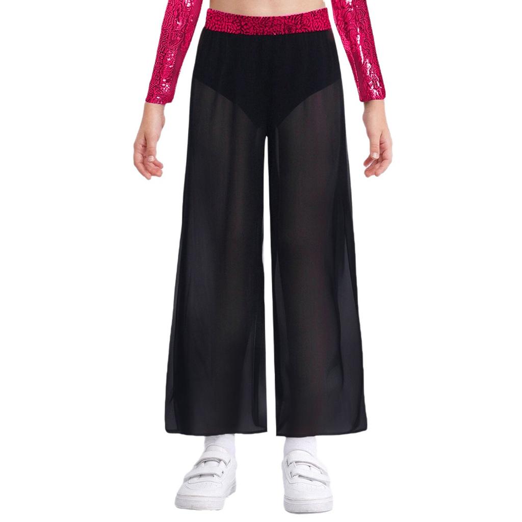 Fließende Chiffon-Überlage Tanzhose für Mädchen Weiter Bein Seitenschlitz Design Paillettenbund Performance Hose