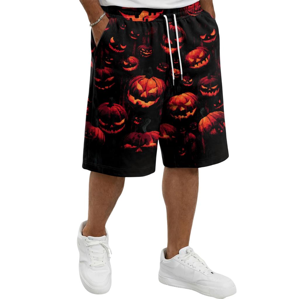 Men's Casual Drawstring Shorts Halloween Pattern Loose Fit Knee Length Lightweight Breathable Summer Beachwear