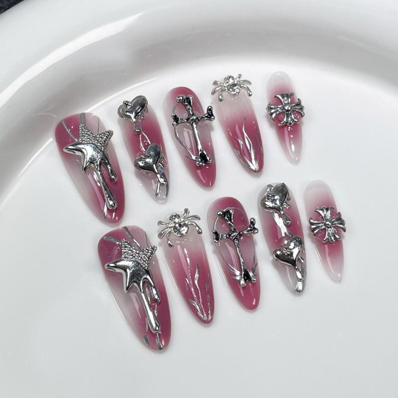 Handmade Press-On Nails With Cross Heart Design Gradient Blush Effect Medium-Long Length Thin Invisible Fit Women