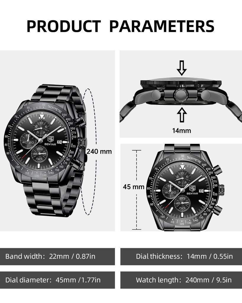 Benyar Men's Chronograph Watch 30M Water Resistant Formal Leather Band Silver Black Quartz Stylish Gift