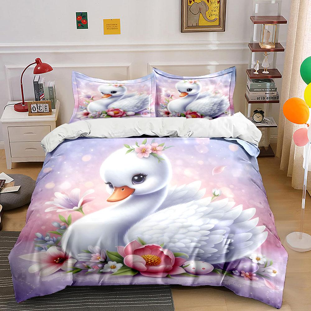 Elegant Swan with Flowers Bedding Duvet Cover Set (1*Duvet Cover 2*Pillowcases, without duvet insert)