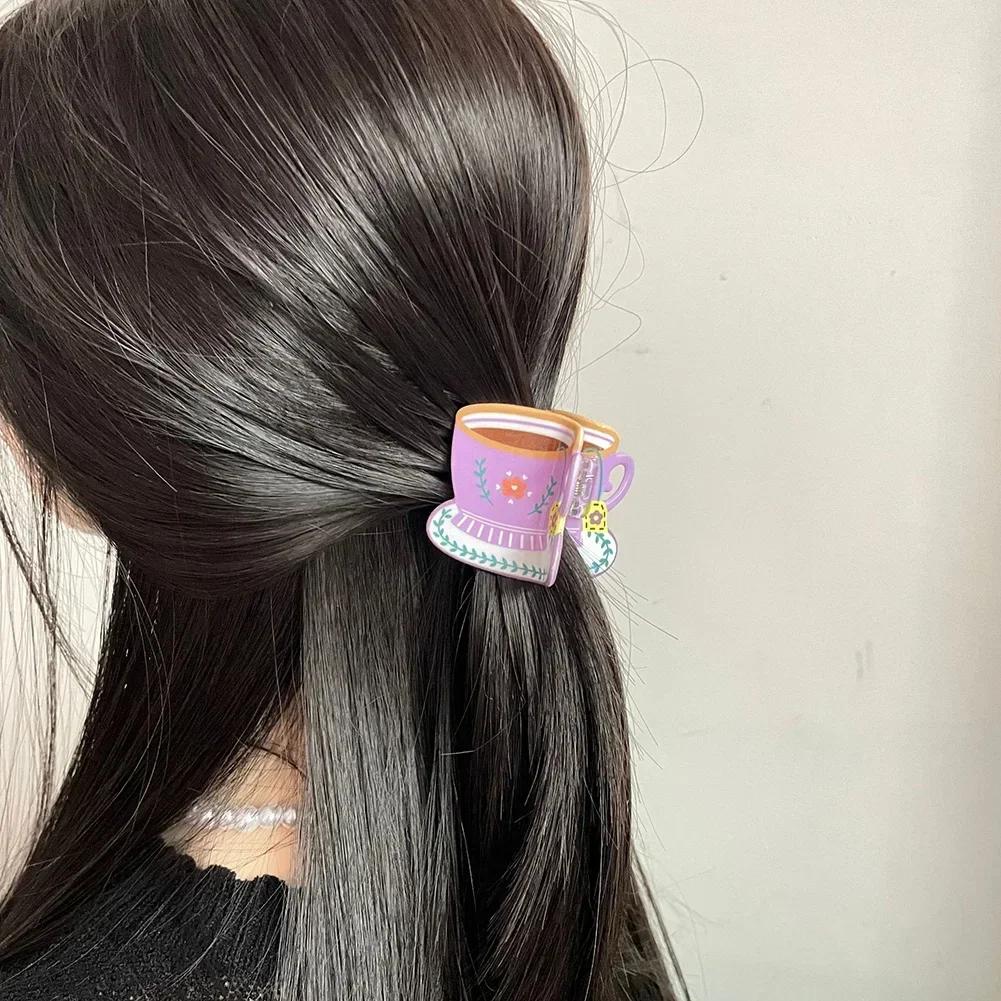 Sweet Cute Pastoral Flower Print Cup Shark Hairpin For Women Girls Creative Coffee Cup Shape Hair Clip Claw Hair Accessories