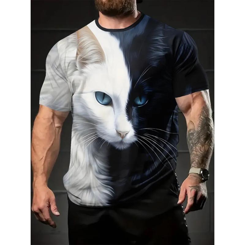 Summer Plus Men's Casual T-shirt Fashionable Blue Cat 3D Printed Sports Short Sleeved Round Neck Tops