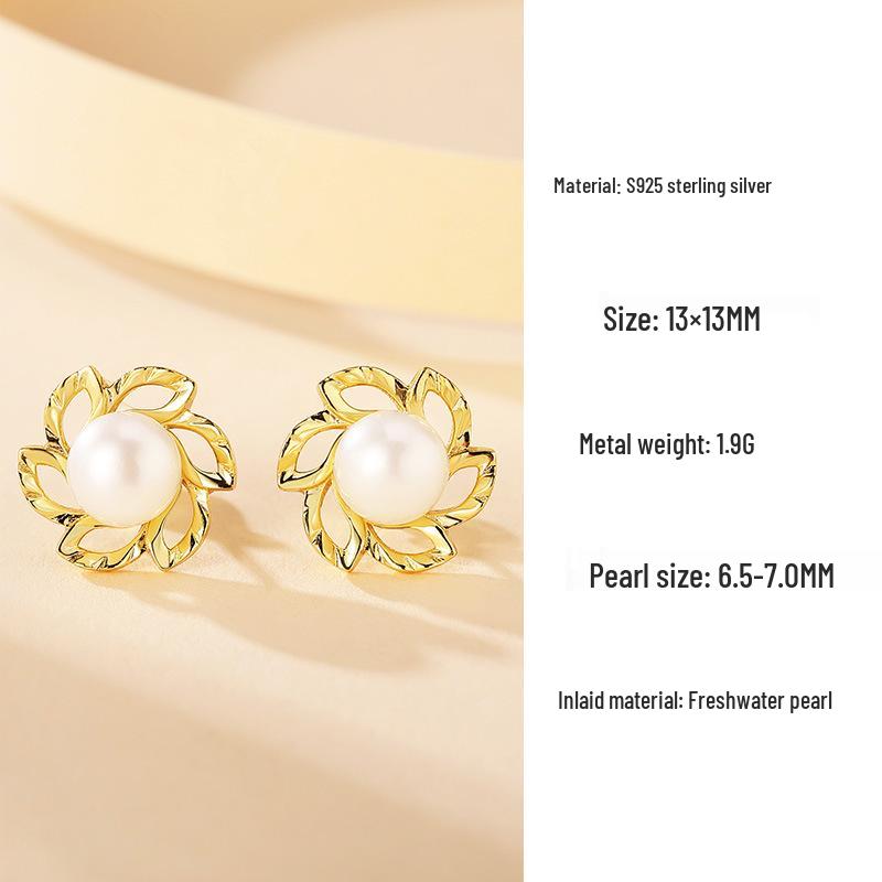 Korean Freshwater Pearl & Sterling Silver Sunflower Stud Earrings 925 Silver