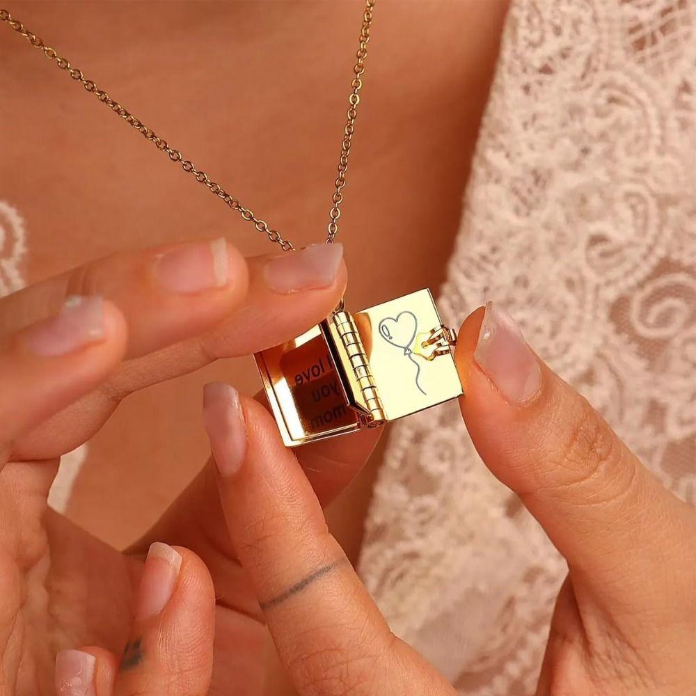 Openable Granddaughter Book Necklace Stainless Steel Gold Color Message Mini Book Pendant Necklace Creative Gift