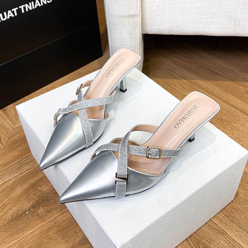 French high heels women's 2025 new temperament cross buckle sandals thin heel pointed single shoes patent leather back empty