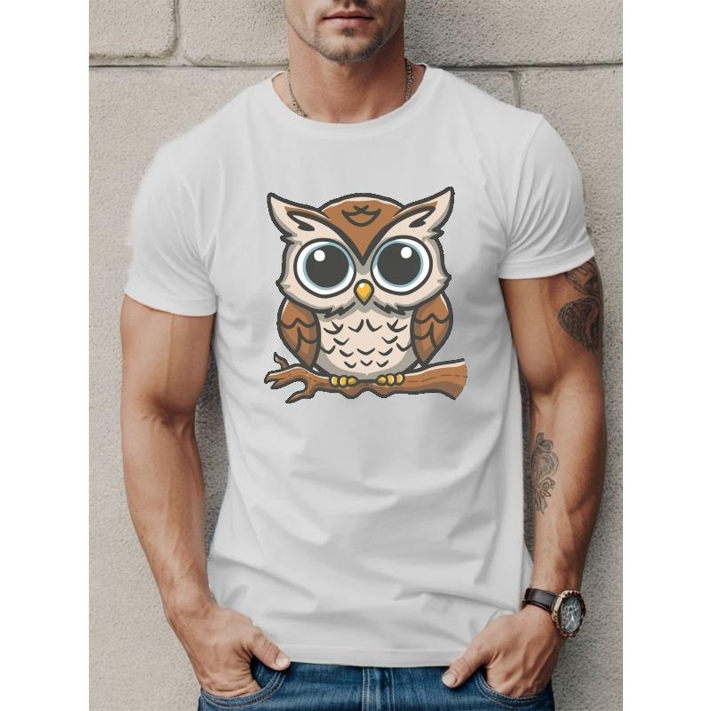 Europäische Größen Herren Freizeit-T-Shirt mit Eulen-Grafik - Kurzarm, Polyester, Rundhals, Maschinenwaschbar, Ganzjahres-Komfort-Top