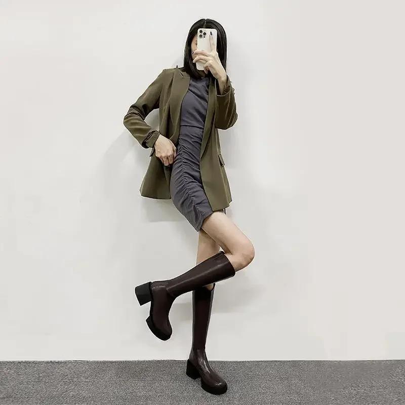 Fashion Black High Heels Elegant Heeled Long Boots for Women Round Toe On Offer Pu Goth Comfortable Work Chic Hot Knee Shaft Shoes Woman
