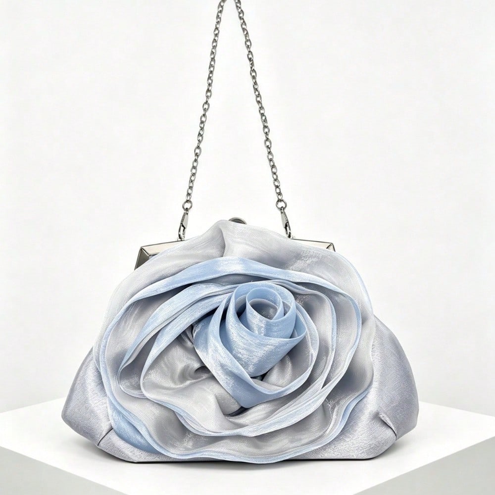 Sac Nuage Fleur Rose d'Été Pochette pour Femme Sac Rond Ouvert pour Mariage Fête Dîner silvery multicolore