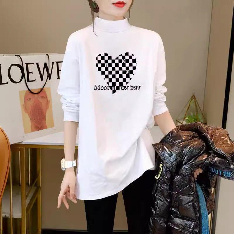 Women's Mid-Length White Cotton Long-Sleeve T-Shirt, Autumn/Winter Style, Semi-High Neck, Loose Fit, Base Layer, Covers Buttocks, Trendy Design.