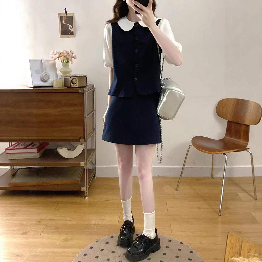 2026 Summer College-Style Doll Collar Two-Piece Top with Elastic Waist Skirt (Long/Short)
