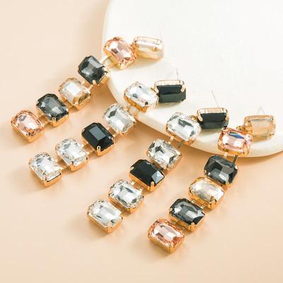 Women Retro Long Drop Earrings Titanium Steel Alloy Pendant Earrings Acrylic Crystal Square Geometric Ear Ornaments