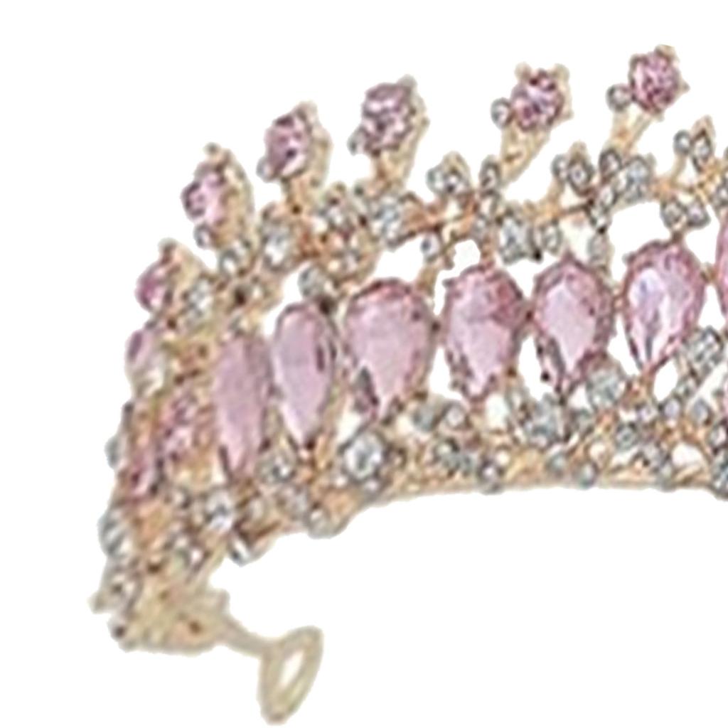 Women Wedding Crown Bride Alloy Rhinestone Crown Hair Accessories for Prom Costume Party Pink and Gold