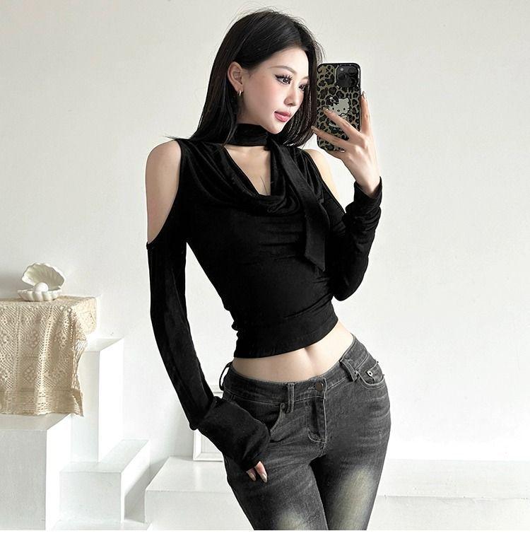 

Slimming V-Neck Off-Shoulder Long-Sleeve T-Shirt for Women - Sweet & Spicy Autumn/Winter Collection Medium чёрный