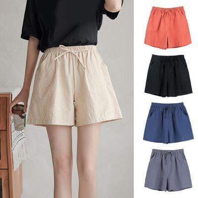Women Shorts Elastic Waist Adjustable Drawstring Casual Shorts with Pockets Wide Leg Solid Color Loose Fit Shorts