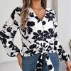 Women Spring Autumn Temperament Print V-Neck Long Sleeve Shirt Blouses