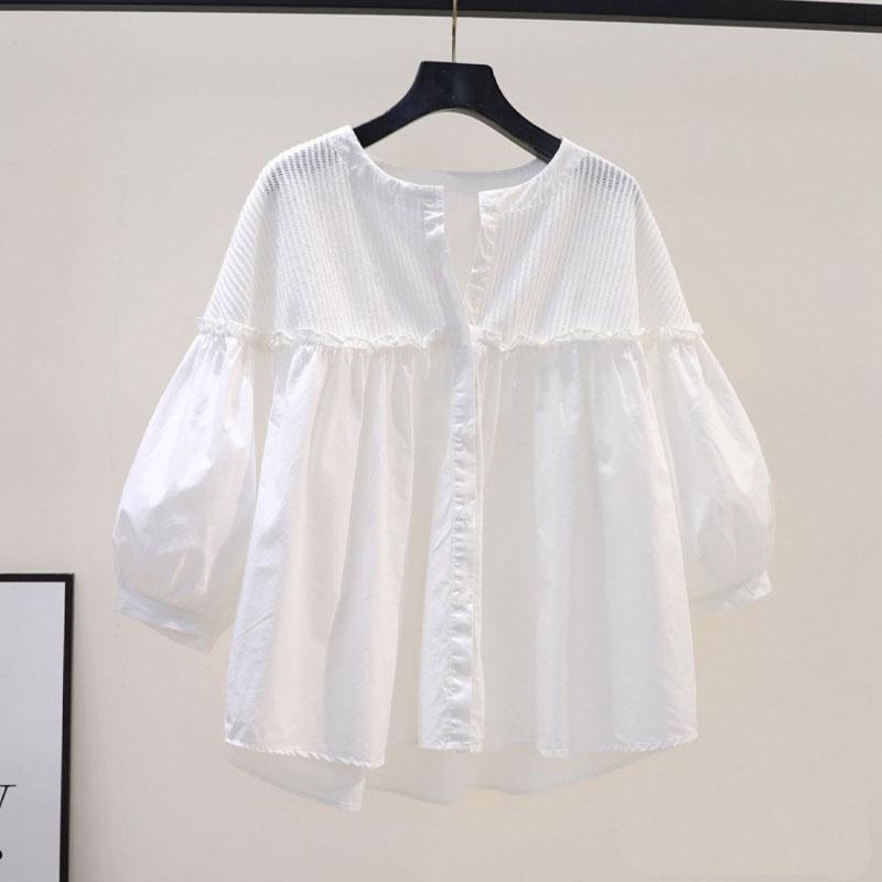 Süßes Casual 3/4-Ärmel-Shirt Koreanisch Gestrickt Patchwork Sommer Essbarer Baum-Pilz Damenbekleidung Einreihig O-Ausschnitt Bluse