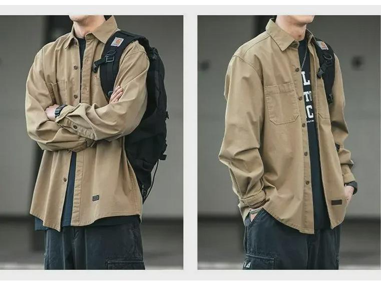 Men's Korean Style Retro Long Sleeve Work Shirt - Trendy, Loose, Versatile, Youth Casual Jacket with Pockets.